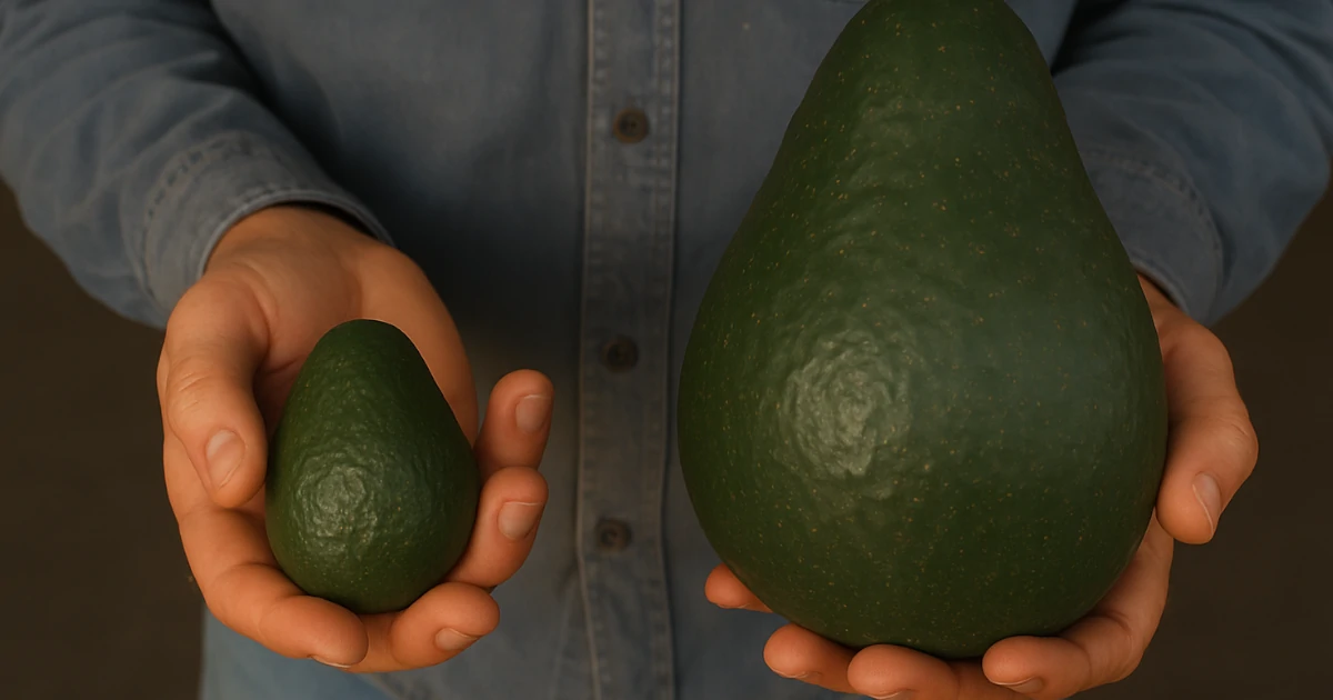 Eine Avozilla neben einer normalen Avocado