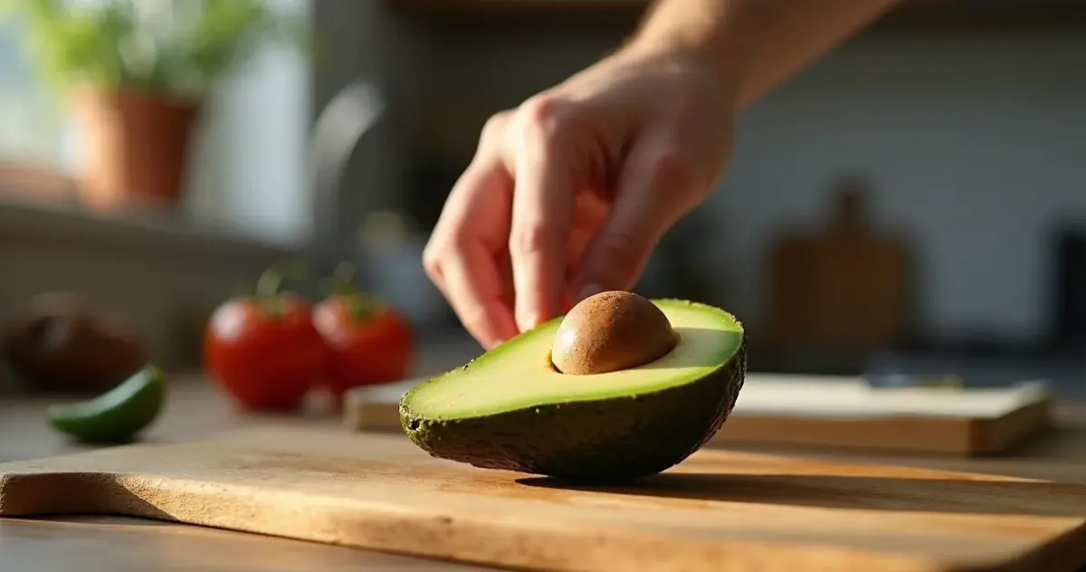 Aufgeschnittene Avocado auf Holzbrett mit Hand daneben, die Hautrötungen zeigt