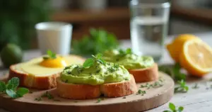 Avocado-Creme auf Brot mit Kräutern und Zitronen als vegane Butteralternative