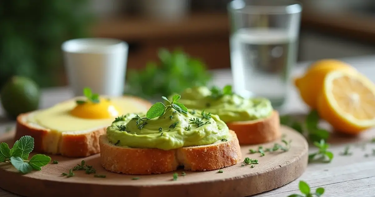 Avocado-Creme auf Brot mit Kräutern und Zitronen als vegane Butteralternative