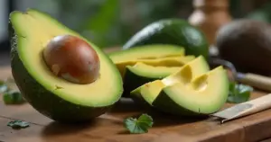 Aufgeschnittene Riesenkern-Avocado auf Holztisch mit Messer und Avocadostücken