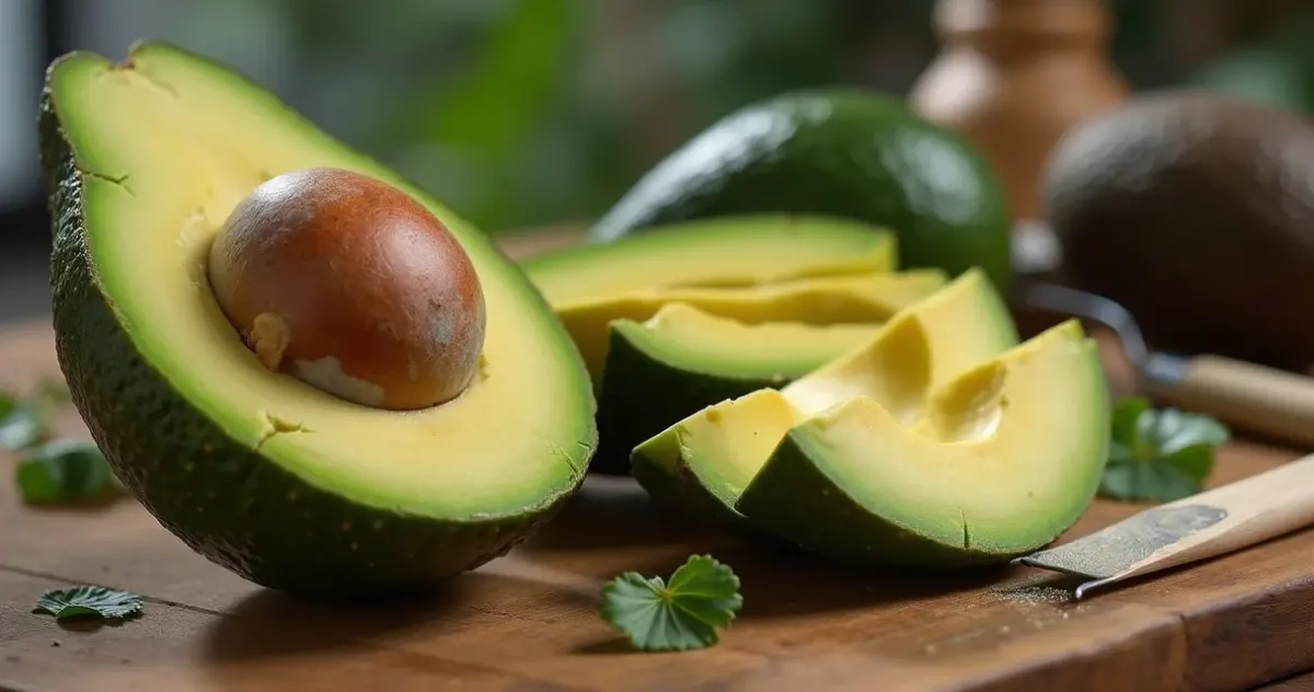 Aufgeschnittene Riesenkern-Avocado auf Holztisch mit Messer und Avocadostücken