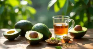 Avocado-Kerne in Schale und Glas neben Pflanzen und Holzlöffel in heller moderner Küche
