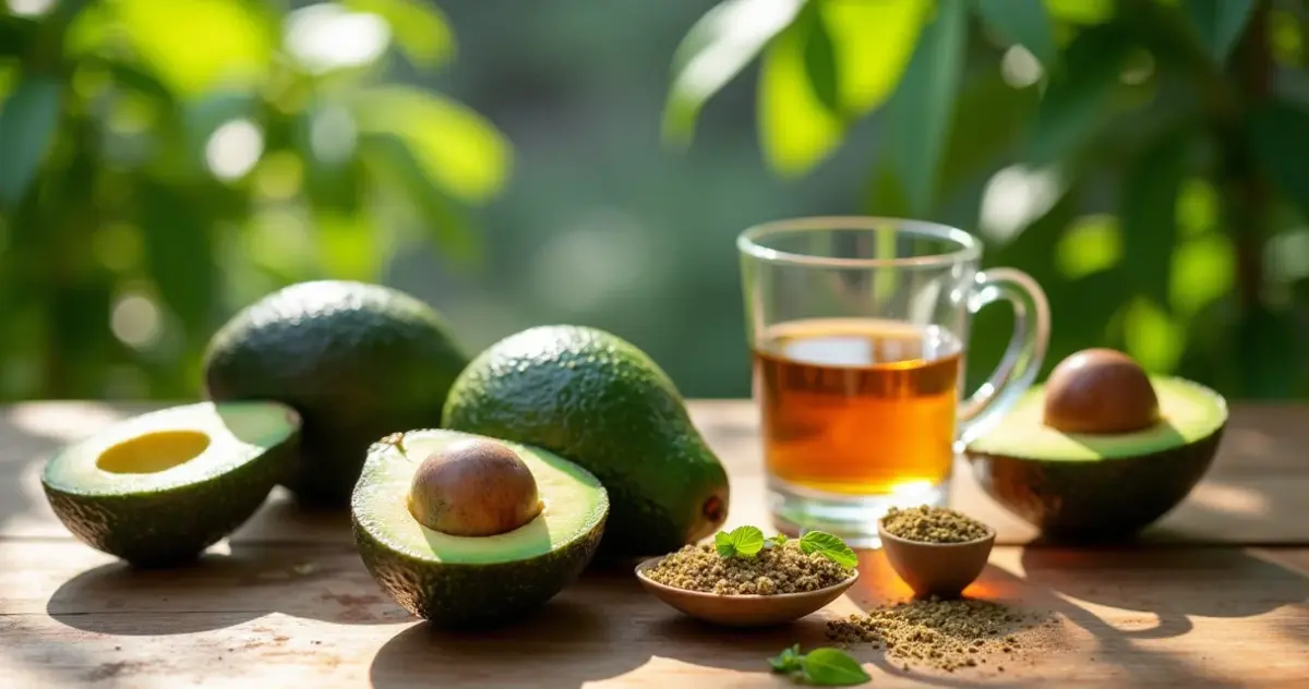 Avocado-Kerne in Schale und Glas neben Pflanzen und Holzlöffel in heller moderner Küche