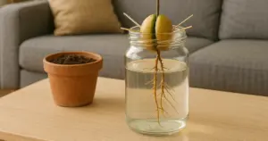 Avocadopflanze im Terrakottatopf auf heller Fensterbank mit Gießkanne und grünen Pflanzen im Hintergrund