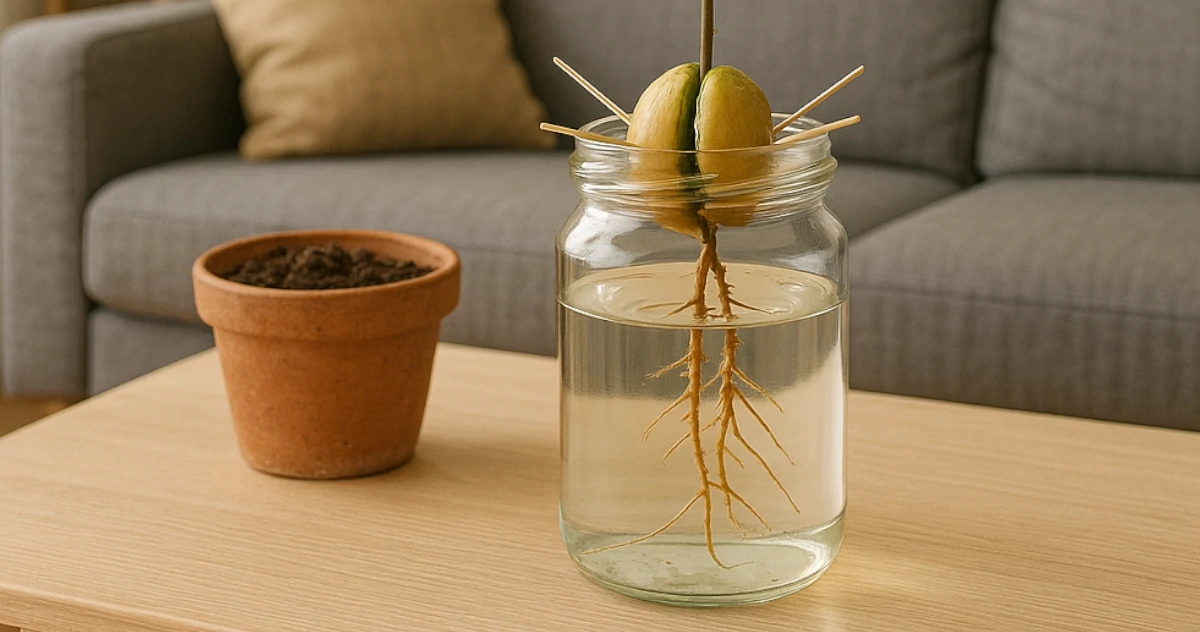 Avocadopflanze im Terrakottatopf auf heller Fensterbank mit Gießkanne und grünen Pflanzen im Hintergrund