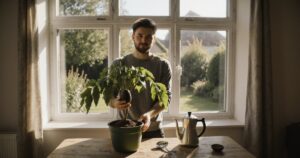 Mann mit kleinem Avocadobaum im Topf steht in hellem Raum mit Gartenblick und Gartengeräten auf dem Tisch