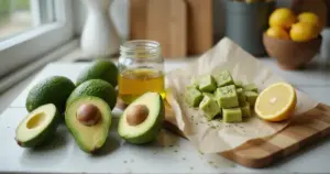 Aufgeschnittene Avocadohälften, eingelegte Stücke im Glas und gefrorene Avocadowürfel auf einem Holztisch