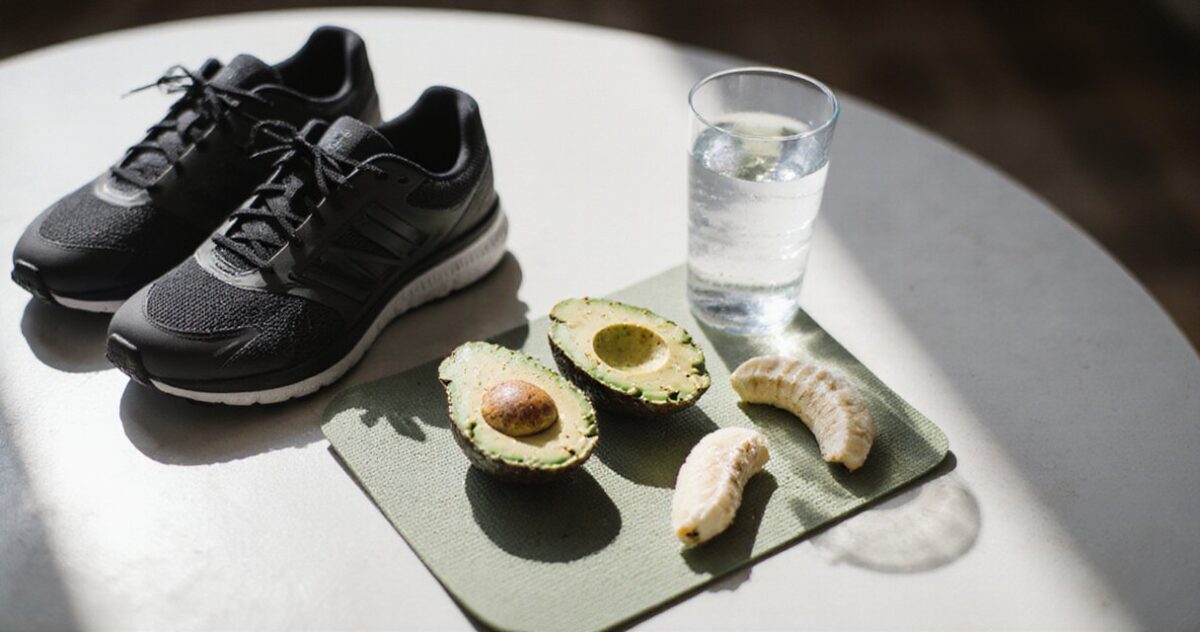 Avocadohälften neben Laufschuhen, Trinkflasche und Yogamatte auf einem hellen Küchentisch