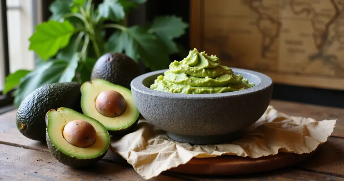 Reife Avocadohälften mit Kern auf Holztisch neben Mörser und Schale im warmen Licht