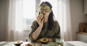 Frau mit Avocado-Maske im Gesicht in heller Küche mit Zutaten wie Avocado, Honig und Kokosöl auf dem Tisch