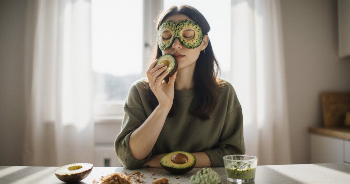 Frau mit Avocado-Maske im Gesicht in heller Küche mit Zutaten wie Avocado, Honig und Kokosöl auf dem Tisch