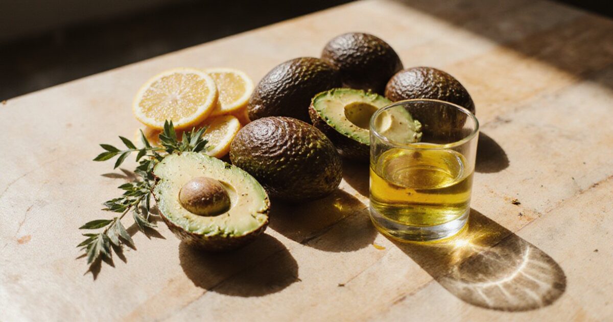 Aufgeschnittene Avocado neben Stethoskop und Herz aus Haferflocken auf hellem Marmortisch