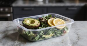 Meal-Prep-Boxen mit Avocado, Gemüse und Kräutern auf Küchentisch in hellem Licht
