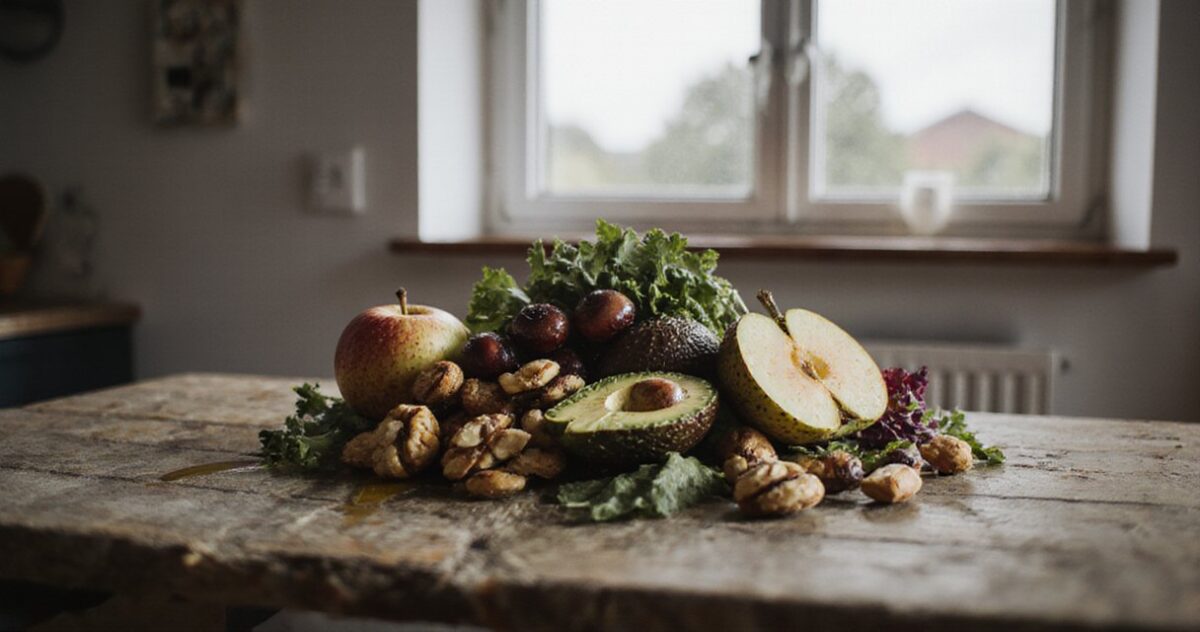 Regionale Früchte und Nüsse liegen auf einem Holztisch in einer hellen Küche als nachhaltige Alternative zur Avocado