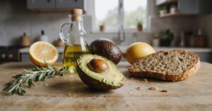Aufgeschnittene Avocado mit Brot, Zitronen und Kräutern auf Holztisch in sonniger Küche