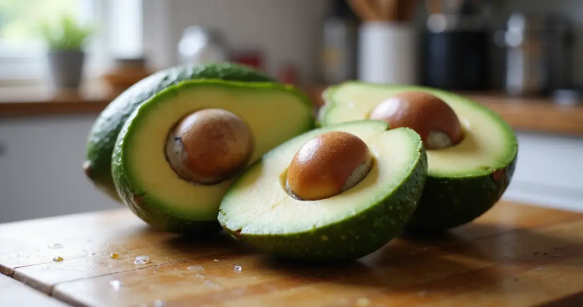 Aufgeschnittene und unreife Avocados auf einem Holztisch vor einem offenen Kühlschrank mit Kondenswasser