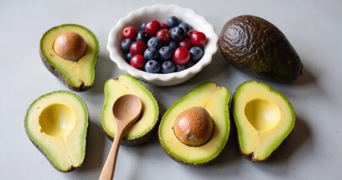 Aufgeschnittene Avocado mit Kern auf hellem Küchentisch neben Beeren und Holzlöffel