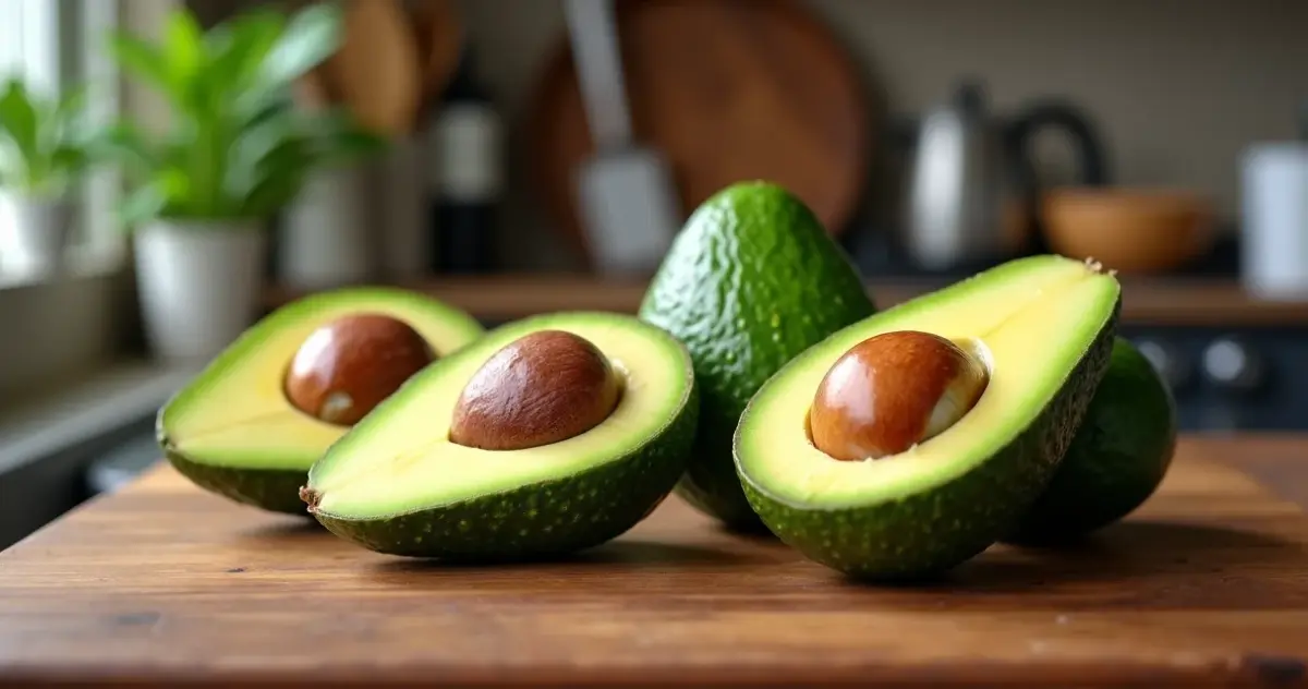 Reife und unreife Avocados auf einem Holztisch mit weichem Fruchtfleisch und sichtbarem Kern