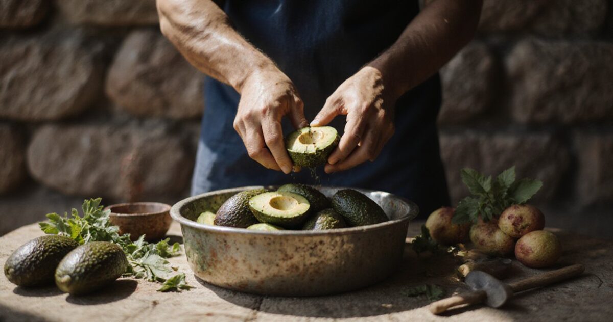 Ein Aztekenpriester bereitet Avocados in einer Tonschale zu, umgeben von Früchten und traditionellen Werkzeugen.