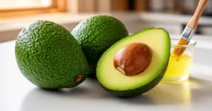 2 Avocados, aufgeschnitten mit einem Glas Öl und Pinsel