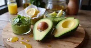 Aufgeschnittene Avocadohälften und Scheiben in Glasbehältern mit Zitronenstücken auf Holztisch