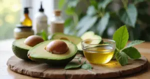 Avocadohälften mit Avocadoöl und Hautcreme auf Holztisch bei natürlichem Licht