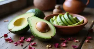 Reife Avocadohälften in einer alten Tonschale mit Rosenblättern auf einem Holztisch