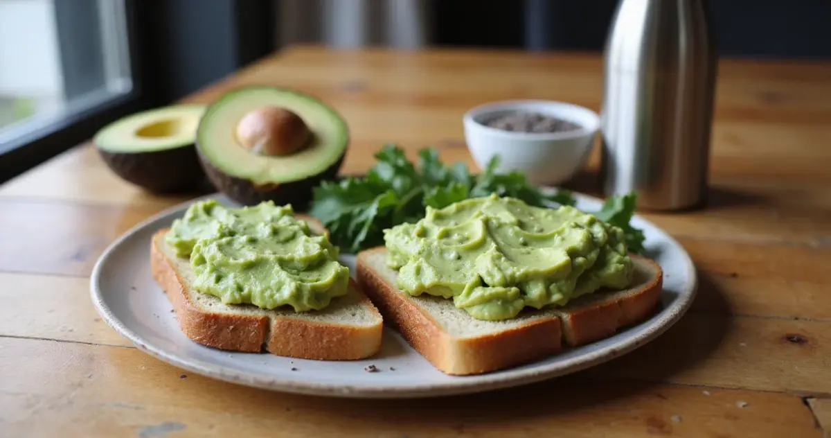 Avocadohälften, Avocado-Toast, Chiasamen und Trinkflasche auf Holztisch arrangiert