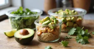 Avocadohälften und Meal-Prep-Boxen mit Quinoa und Hühnchen auf hellem Küchentisch