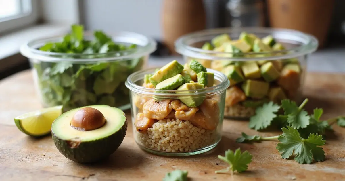 Avocadohälften und Meal-Prep-Boxen mit Quinoa und Hühnchen auf hellem Küchentisch