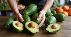 Reife Avocados auf Holztisch, halbiert mit sichtbarem Kern, Hand prüft die Frucht im Supermarkt.
