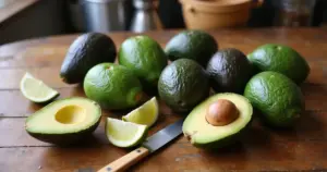 Aufgeschnittene Fuerte- und Hass-Avocados mit Limettenscheiben auf einem Holztisch
