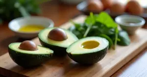 Reife Avocadohälften mit braunem Kern auf Holzbrett, daneben Olivenöl und frische Spinatblätter