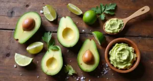 Überreife Avocadohälften und Schale mit Avocadocreme auf rustikalem Holztisch mit Limette und Salz