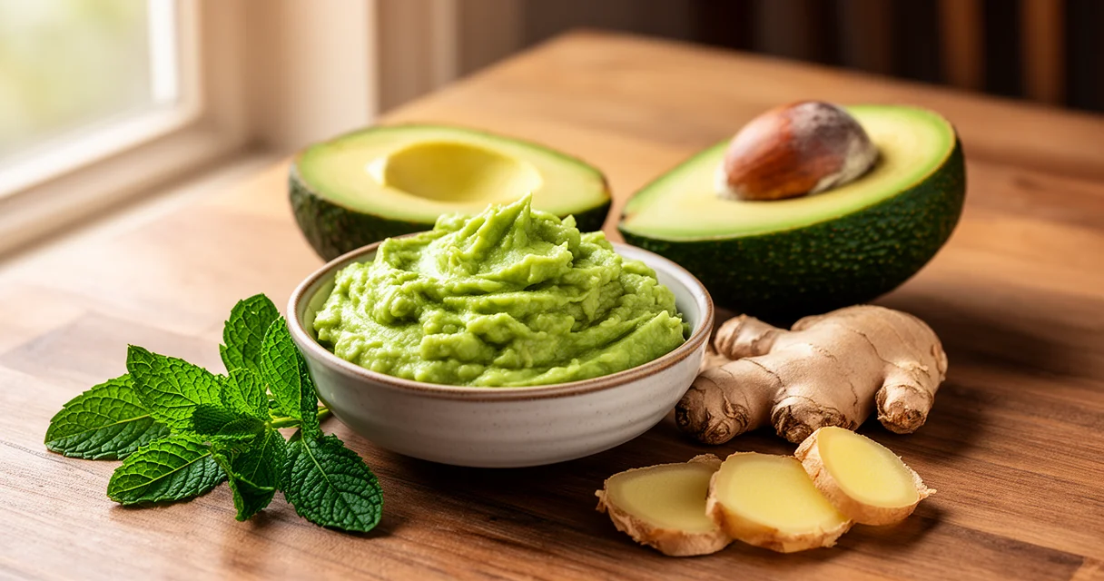 Aufgeschnittene Avocado mit Kern, Avocadomus, Minze und Ingwer auf einem Holztisch bei natürlichem Licht