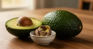 Aufgeschnittener Avocado mit Kern, ganzer Avocado und aufgebrochenem Avocadokern auf einem Holztisch