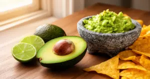 Guacamole in einer Schale mit Avocadohälften, Limetten und Tortilla Chips auf einem Holztisch angerichtet