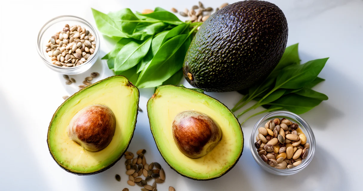 Aufgeschnittene Avocadohälften mit Kern, ganze Avocado und Nüsse auf hellem Küchentisch im natürlichen Tageslicht