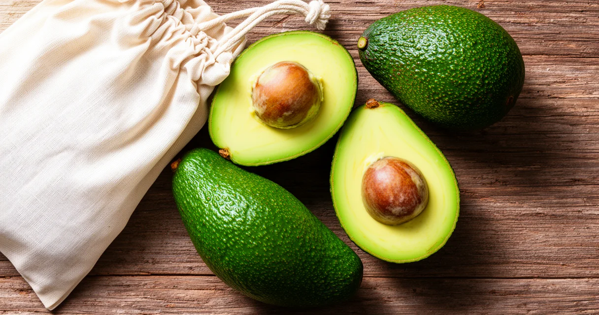 Reife Avocadohälften, ganze Avocados und ein Stoffbeutel liegen auf einem Holztisch und zeigen umweltfreundlichen Avocado-Einkauf