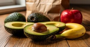 Reife und unreife Avocados mit Banane, Apfel und Papierbeutel auf hellem Küchentisch zum schnelleren Reifen