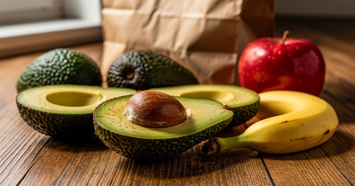 Reife und unreife Avocados mit Banane, Apfel und Papierbeutel auf hellem Küchentisch zum schnelleren Reifen