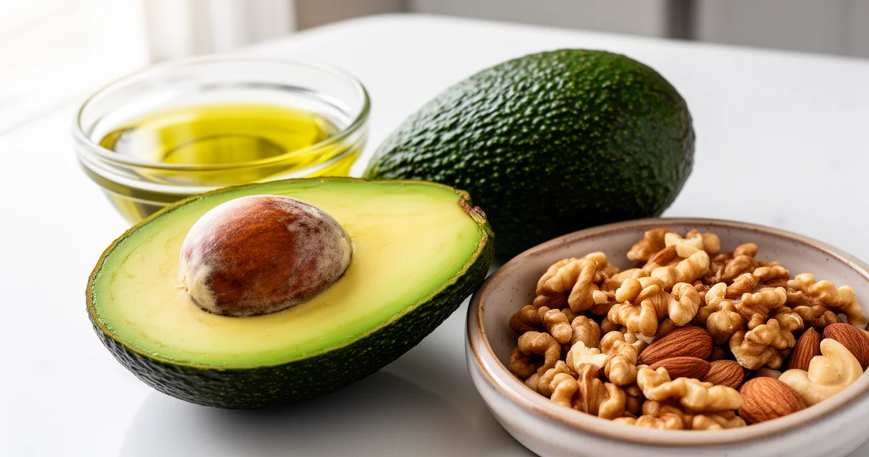 Avocado-Hälften mit Kern, ganze Avocado, Olivenöl und Nüsse auf hellem Küchentisch bei Tageslicht